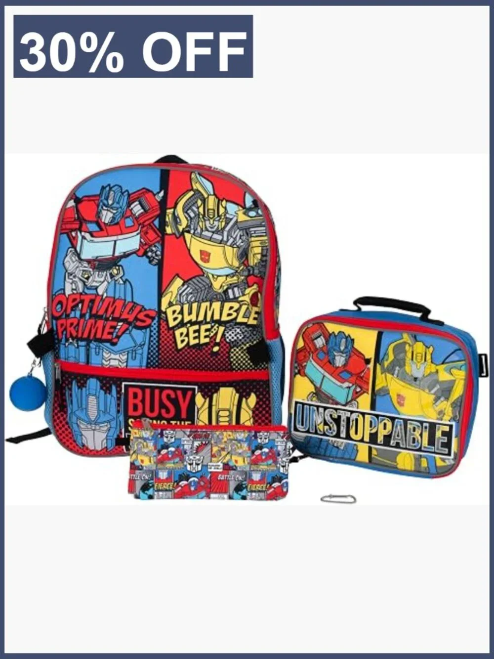 Transformers Backpack Set for Kids - 5 Piece School Bag with Lunchbox, Blue &